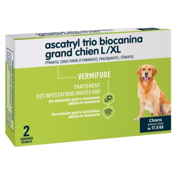 Biocanina Ascatryl Trio Vermifuge - Grand Chien + de 17,5kg - 2 Comprimés - Arôme Boeuf