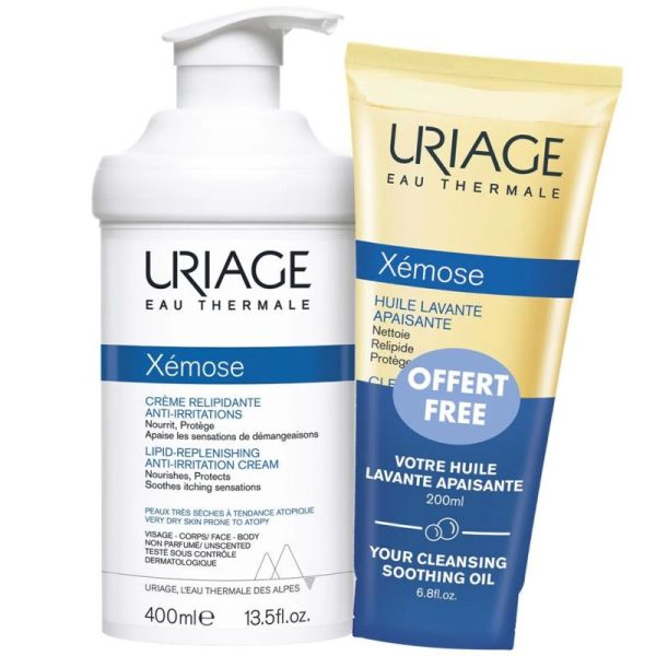 Uriage Xémose Crème Relipidante 400ml + Huile Lavante 200ml OFFERTE – Duo anti-grattage