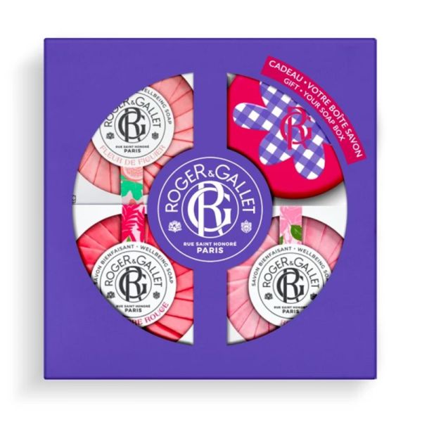 Roger & Gallet Coffret Trio Savons Bienfaisants + Boîte à Savon OFFERTE - Fleur de Figuier, Gingembre Rouge et Rose