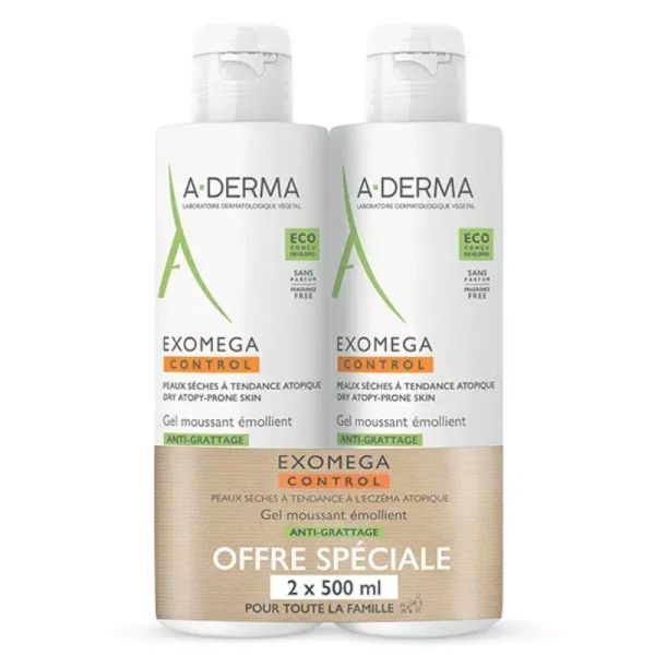 A-Derma Exomega Control Gel Moussant Émollient - 2 x 500ml