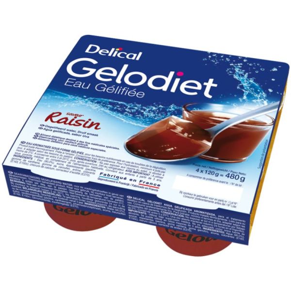 Delical Gelodiet Eau Gélifiée Raisin 4x120g – Hydratation et déglutition