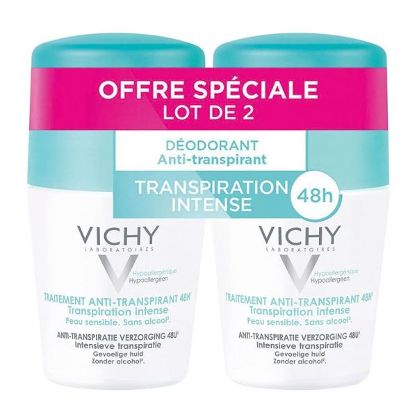 Vichy Traitement Anti-Transpirant 48H - Lot de 2 x 50 ml – Efficacité Intense Peaux Sensibles