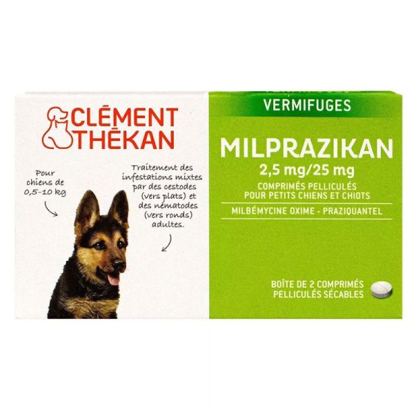 Clément Thékan Milprazikan Chiens 2,5 mg / 25 mg - 2 Comprimés - Vermifuge Polyvalent pour Chiens de 0,5 à 10 kg