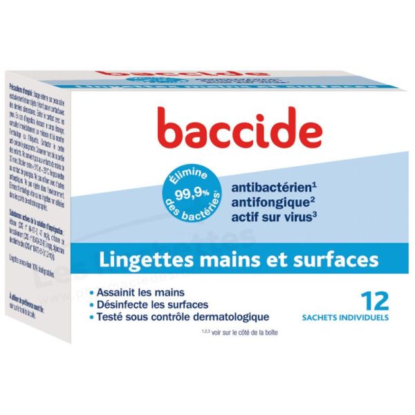 Baccide Lingettes Désinfectantes Mains et Surfaces - 12 Lingettes Individuelles - Hygiène nomade efficace