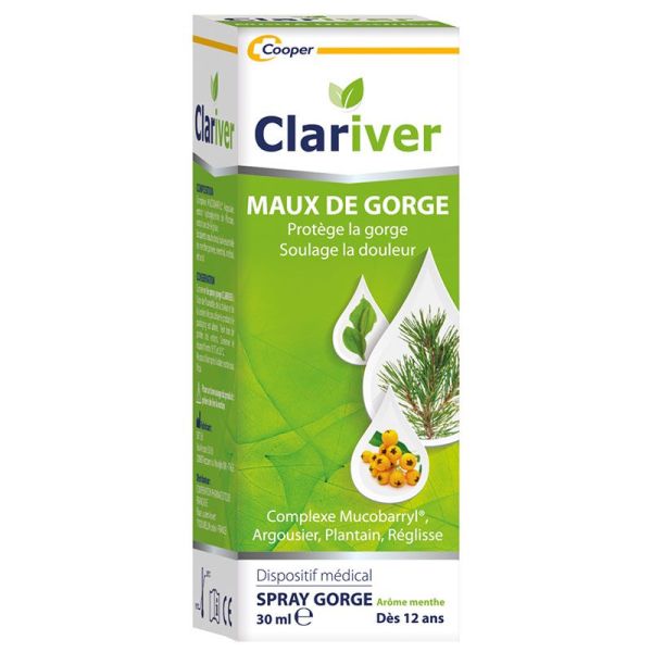 Clariver Maux de gorge - Spray 30ml - Soulage et protège la gorge