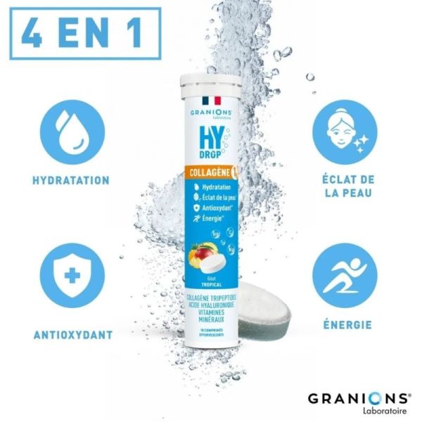 Granions Hydrop Collagène Tropical 18 comprimés effervescents - Hydratation et éclat de la peau