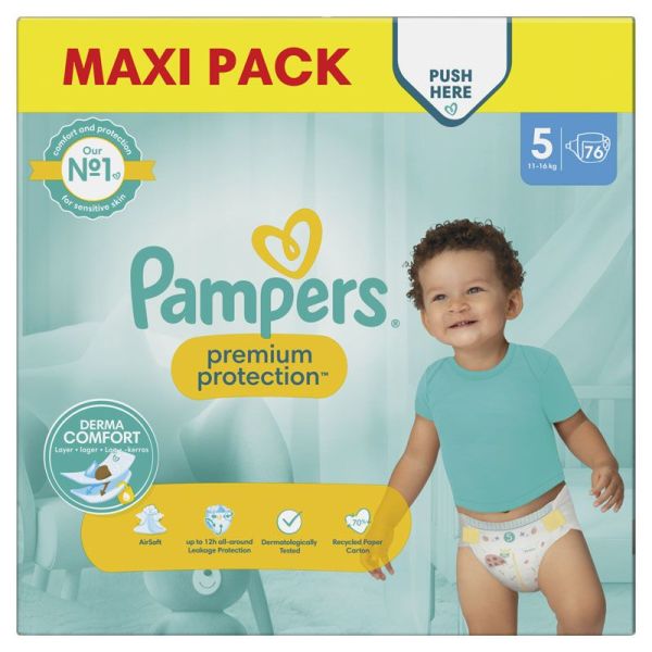 Pampers Premium Protection Taille 5 / 11-16kg - 76 Couches Mega Pack - Confort supérieur, ultra-absorbant