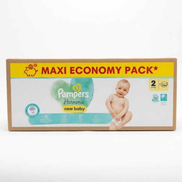 Pampers Harmonie Couches Taille 2 de 4 à 8kg - Maxi Pack 104 couches – Peaux sensibles et 12h au sec