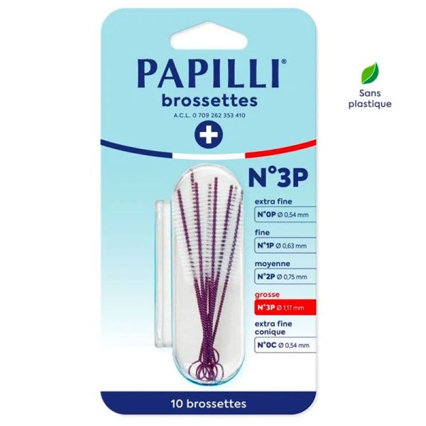 Papilli Plast Brossette Interdentaire - N°3P - Grosse - 1,17mm - Souple et Sans Plastique - Lot de 10