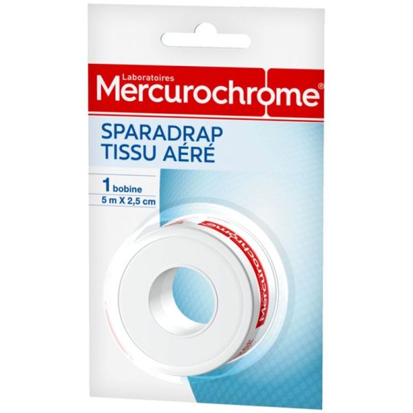 Mercurochrome Sparadrap Tissu Aéré - 5 m x 2,5 cm - Micro Aéré, Doux et Résistant - 1 pièce