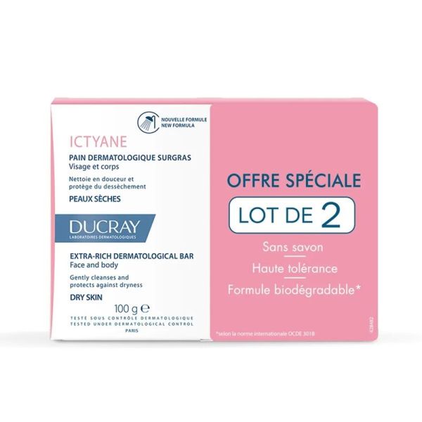 Ducray Ictyane Pain Dermatologique Surgras Visage & Corps - 2 x 100g