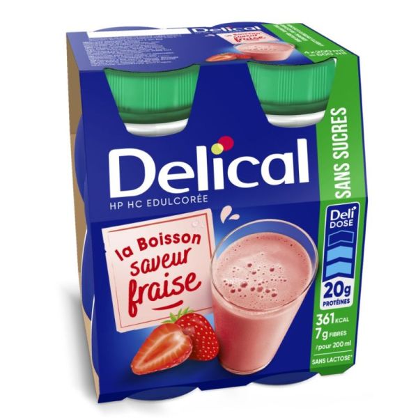 Delical Boisson HP HC Sans Sucres Soutien Nutritionnel Hyperprotéiné Saveur Fraise - 4 x 200ml
