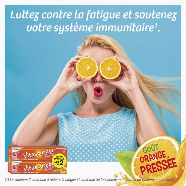 Vitascorbol Vitamine C 1000 - 2 x 20 Comprimés Effervescents - Réduit la Fatigue et Maintien le Système Immunitaire