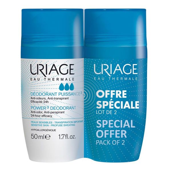 Uriage Déodorant Puissance 3 - Lot de 2 x 50 ml - Anti-Odeurs & Anti-Traces Peaux Sensibles