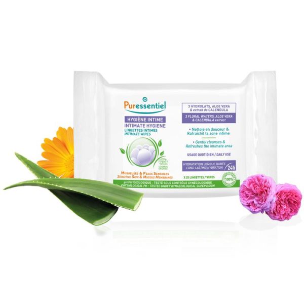Puressentiel Hygiène Intime Lingettes Intimes Bio 25 Lingettes – Nettoient en douceur, rafraîchissent et calment les inconforts