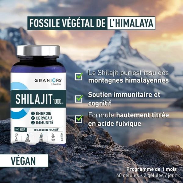 Granions Shilajit 1000 Mg 60 Gélules - Énergie pure, soutien cognitif, récupération améliorée