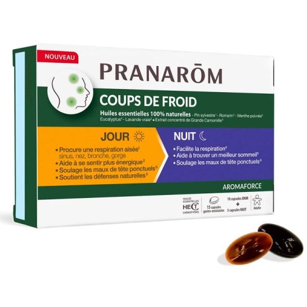 Pranarôm Aromaforce Capsules Coup de Froid Jour / Nuit - 15 capsules - Respiration, énergie et sommeil