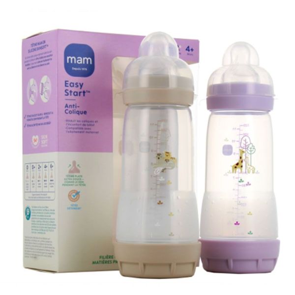 Mam Easy Start Lot de 2 Biberons Anti Colique - Débit Rapide - Âge 4 mois et + - 2x320ml - Couleur : Sable + Lilas