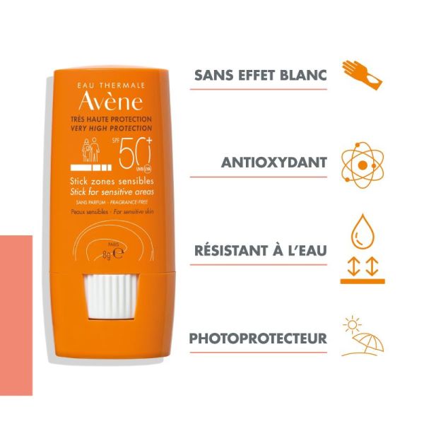 Avène Solaire Stick Zones Sensibles SPF 50+ - 8 g - Protection ciblée pour les peaux sensibles