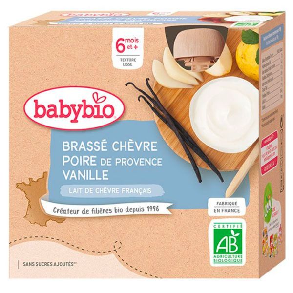 Babybio Brassé Chèvre Poire Vanille Dès 6 Mois - 4 gourdes de 85g