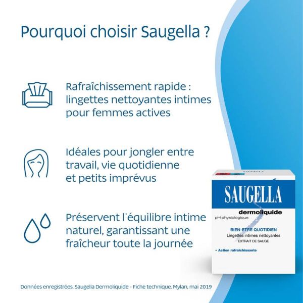 Saugella Dermoliquide Lingettes Intimes 10 Lingettes - Hygiène féminine, fraîcheur toute la journée