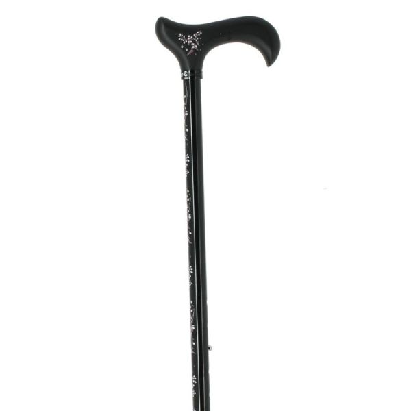 Cannes Fayet Canne de Marche Réglable Alu Noir Motif Floral 3D Poignée en Bois Noir