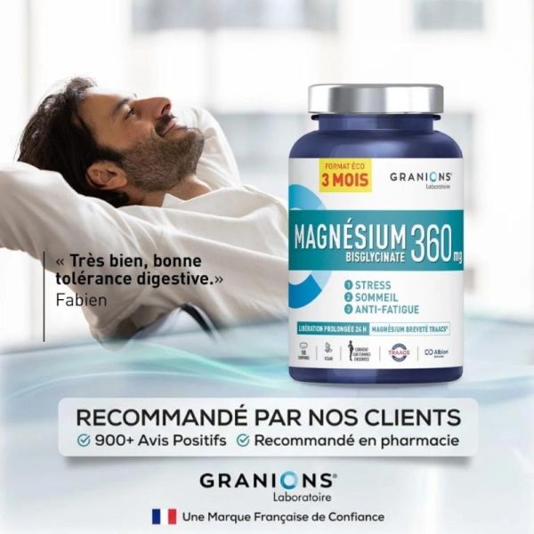 Granions Magnésium Bisglycinate 360 mg 180 comprimés - Anti-fatigue, réduit le stress et améliore le sommeil