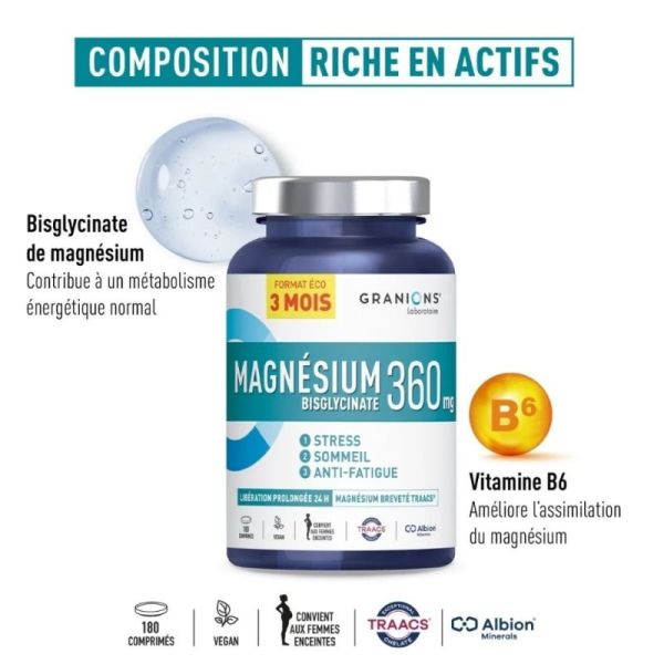 Granions Magnésium Bisglycinate 360 mg 180 comprimés - Anti-fatigue, réduit le stress et améliore le sommeil
