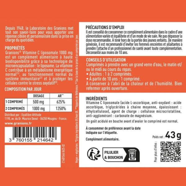 Granions Vitamine C Liposomale 1000 Mg - Réduit la fatigue, aide le système immunitaire, effets antioxydant