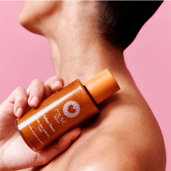 Musc Intime Huile Glow Pailletée Corps Amber Flower 100 ml – Huile sèche nutritive sublimatrice nacrée
