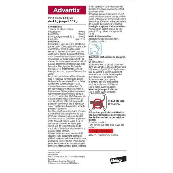 Elanco Advantix Antiparasitaire Petit Chien 4 à 10 kg - 4 pipettes