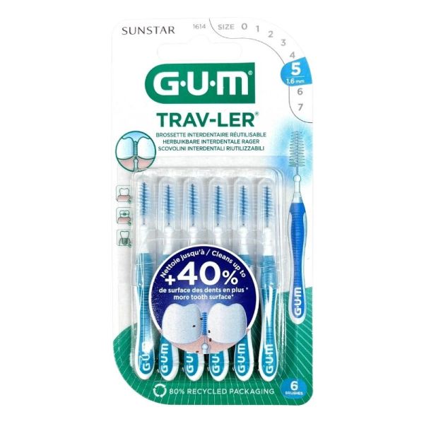 Gum Brossettes interdentaires Trav-Ler - Pack de 6 brossettes - Taille 5 : 1,6 mm - Nettoyage précis
