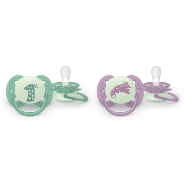 Philips Avent Ultra Soft Nighttime Lot de 2 Sucettes Phosphorescentes 6-18 Mois - Coloris et motifs aléatoires