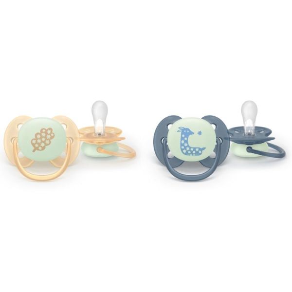 Philips Avent Ultra Soft Nighttime Lot de 2 Sucettes Phosphorescentes 6-18 Mois - Coloris et motifs aléatoires