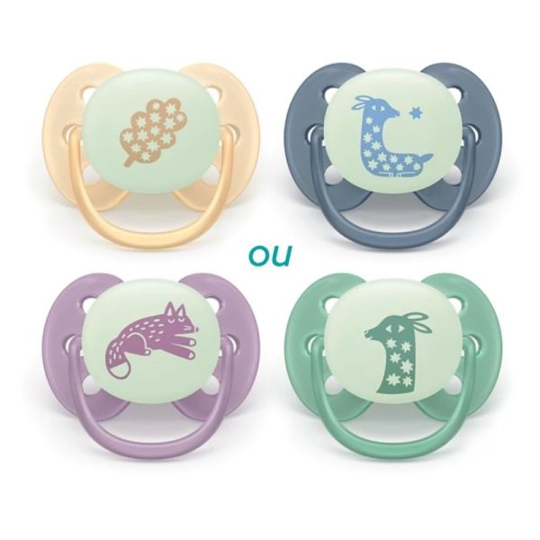 Philips Avent Ultra Soft Nighttime Lot de 2 Sucettes Phosphorescentes 6-18 Mois - Coloris et motifs aléatoires