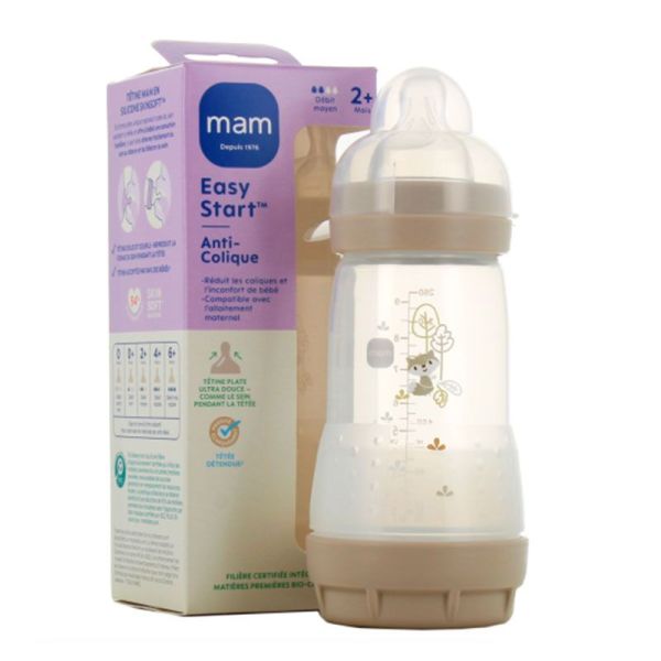 Mam Easy Start Biberon Anti Colique - Débit Moyen - Âge 2 mois et + - 260ml - Couleur : Sable