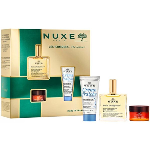 Nuxe Coffret Les Iconiques Huile Prodigieuse - Huile Prodigieuse + Crème Fraîche de Beauté + Baume Lèvres