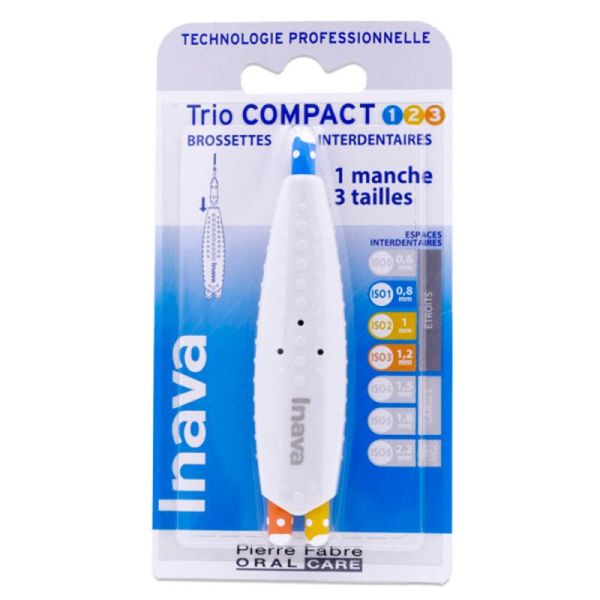 Inava Trio Compact - 1 Manche + 3 Brossettes Interdentaires - Taille 1/2/3 - 0,8mm + 1mm + 1,2mm