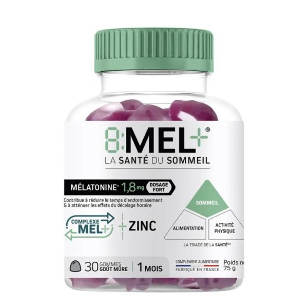 8MEL+ Gommes Mélatonine 1,8mg Sommeil Réparateur - 30 Gommes Goût Mûre