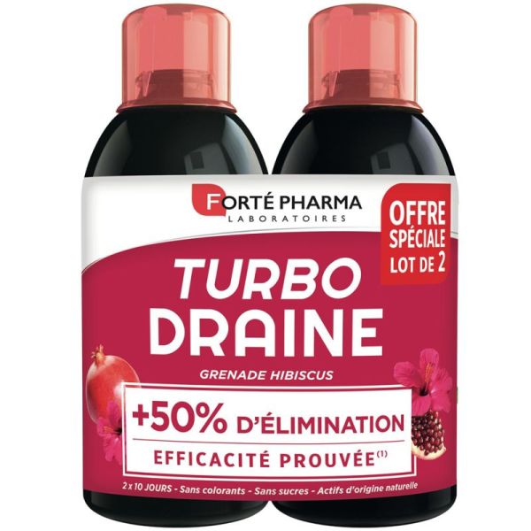 Forté Pharma TurboDraine Grenade Hibiscus - 2x500ml - Draineur végétal pour élimination et légèreté