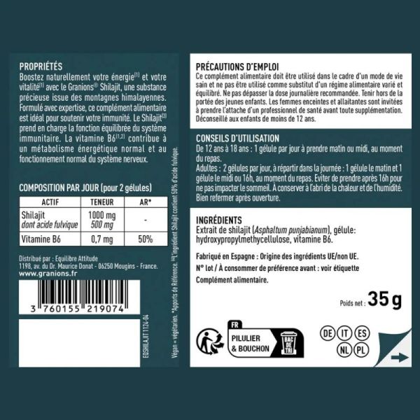 Granions Shilajit 1000 Mg 60 Gélules - Énergie pure, soutien cognitif, récupération améliorée
