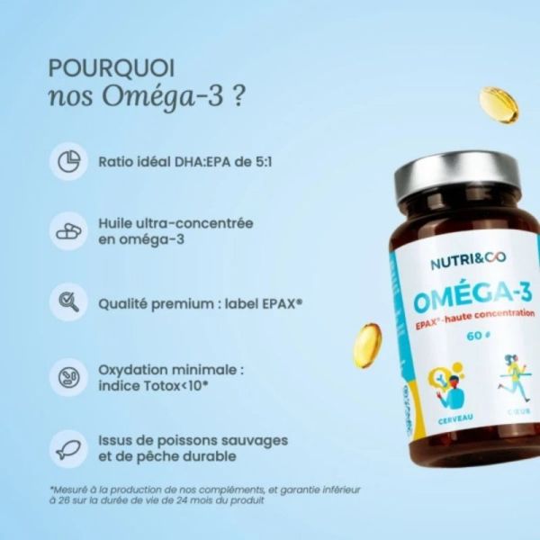 Nutri&Co Oméga-3 Cerveau et Cœur 60 capsules - Huile de poisson ultra-concentrée EPA/DHA