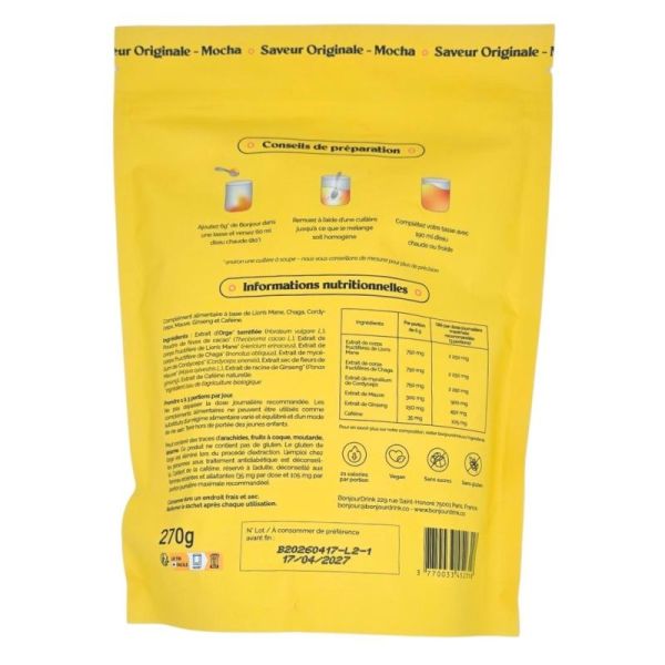Bonjour Saveur Originale Mocha 45 portions - Complément alimentaire à base de lion's mane, chaga et caféine naturelle