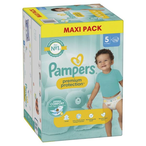 Pampers Premium Protection Taille 5 / 11-16kg - 76 Couches Mega Pack - Confort supérieur, ultra-absorbant