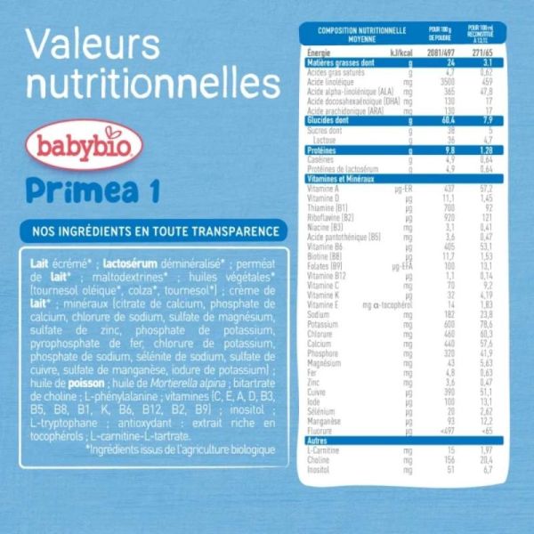 Babybio Primea Bio 1er âge 0 à 6 mois - 800 g - Lait infantile dès la naissance