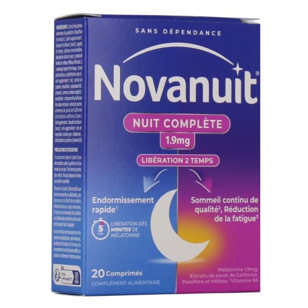 Novanuit Nuit Complète 1.9mg Mélatonine Sommeil de Qualité - 20 Comprimés