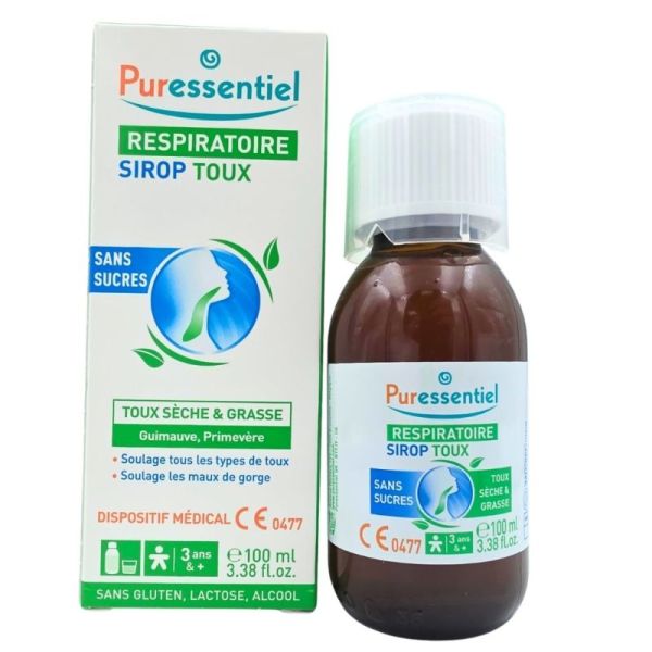 Puressentiel Respiratoire Sirop Toux Sans Sucres 100 ml - Apaisement de la toux et soulagement de la gorge