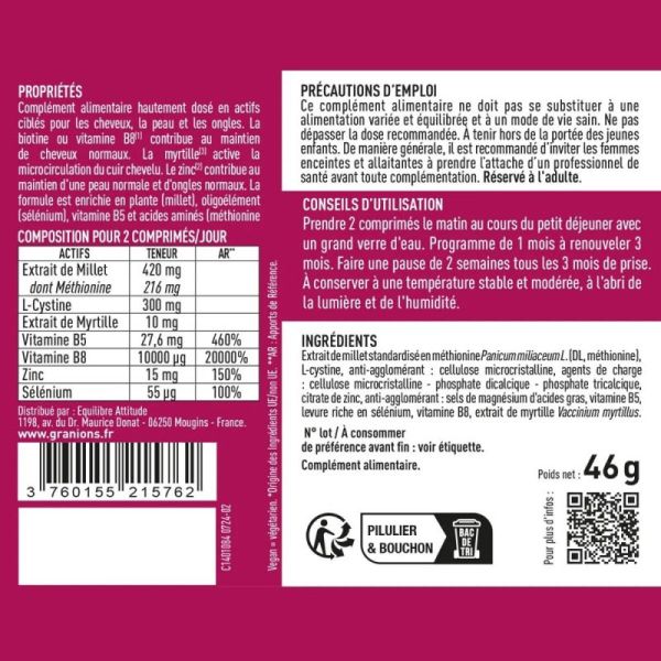 Granions Biotine 10 000 Microgrammes 60 Comprimés - Cheveux, peau et ongles renforcés
