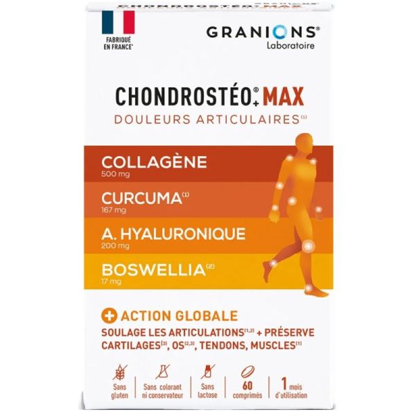 Granions Chondrostéo Max Collagène, Curcuma & Acide hyaluronique - 60 comprimés - Triple action