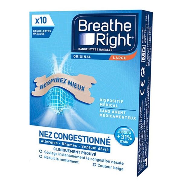 Breathe Right Bandelettes Nasales Original Large - 10 Unités